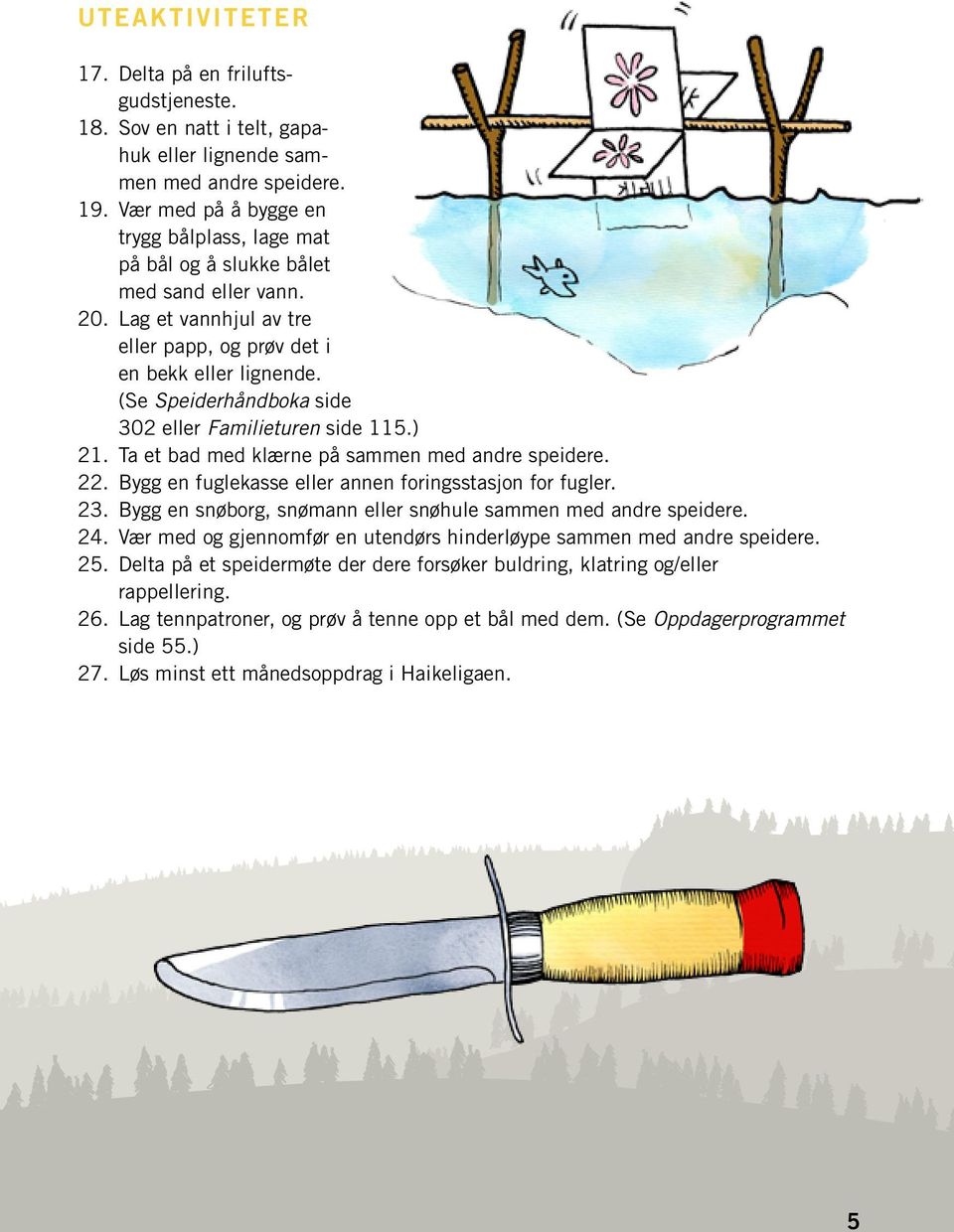 (Se Speiderhåndboka side 302 eller Familieturen side 115.) 21. Ta et bad med klærne på sammen med andre speidere. 22. Bygg en fuglekasse eller annen foringsstasjon for fugler. 23.