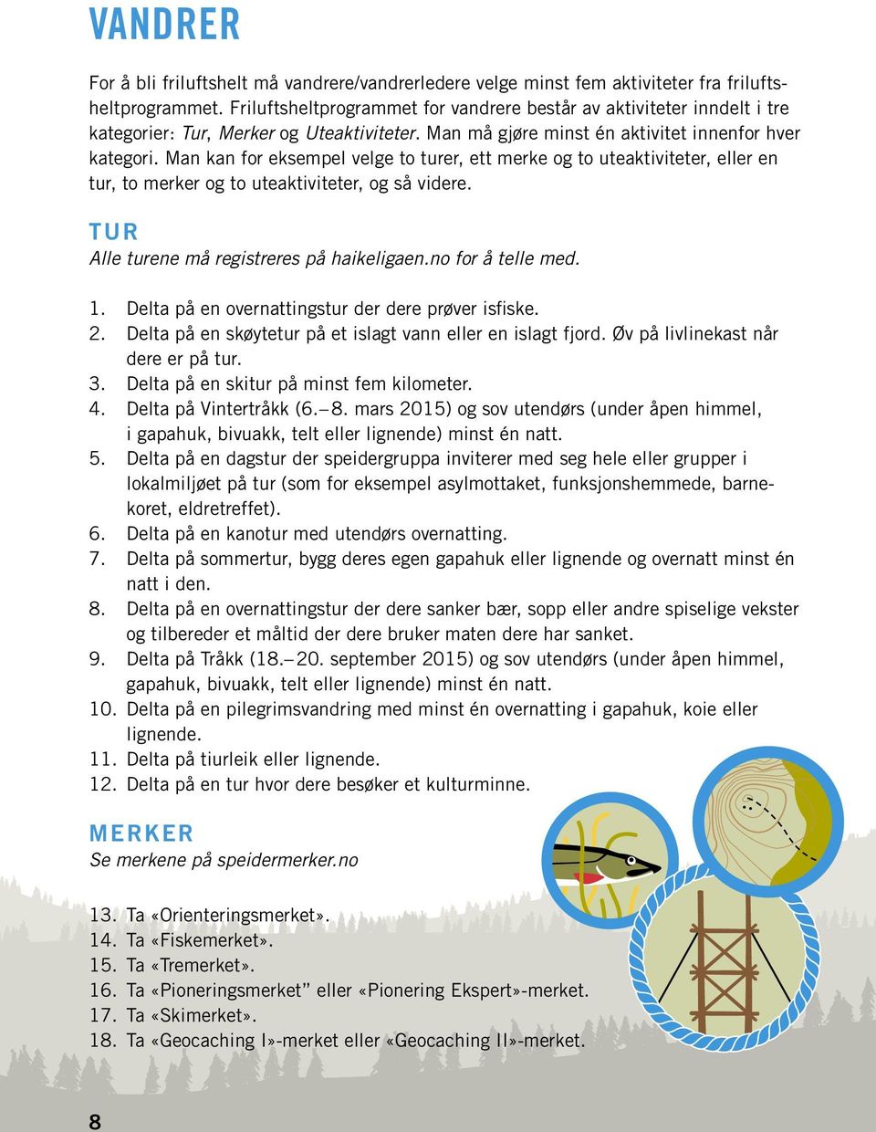 Man kan for eksempel velge to turer, ett merke og to uteaktiviteter, eller en tur, to merker og to uteaktiviteter, og så videre. T ur Alle turene må registreres på haikeligaen.no for å telle med. 1.