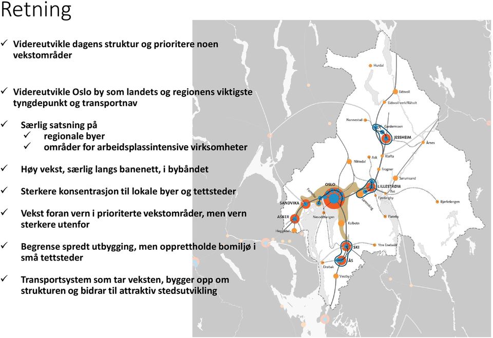 Sterkere konsentrasjon til lokale byer og tettsteder Vekst foran vern i prioriterte vekstområder, men vern sterkere utenfor Begrense spredt