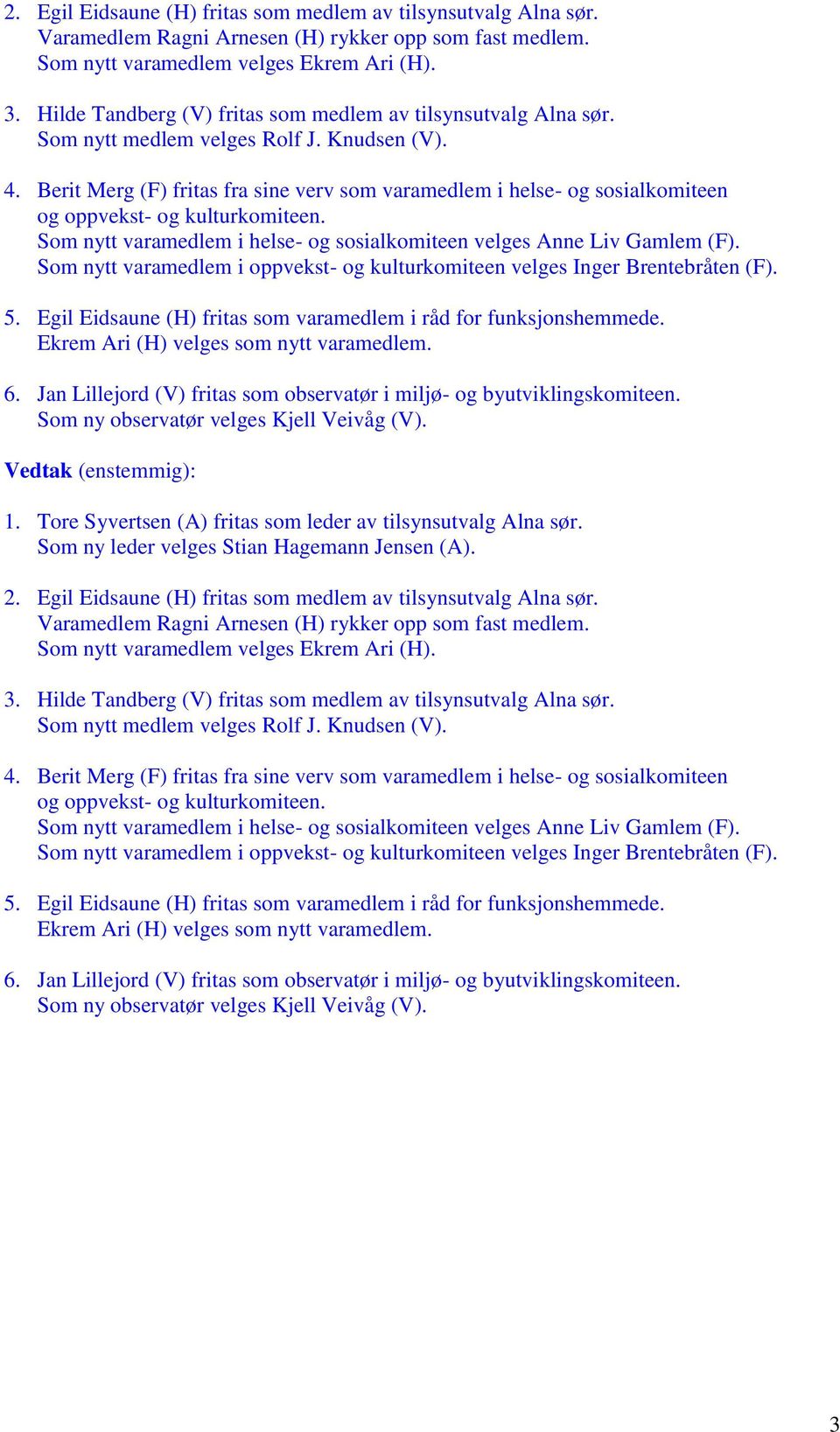 Berit Merg (F) fritas fra sine verv som varamedlem i helse- og sosialkomiteen og oppvekst- og kulturkomiteen. Som nytt varamedlem i helse- og sosialkomiteen velges Anne Liv Gamlem (F).