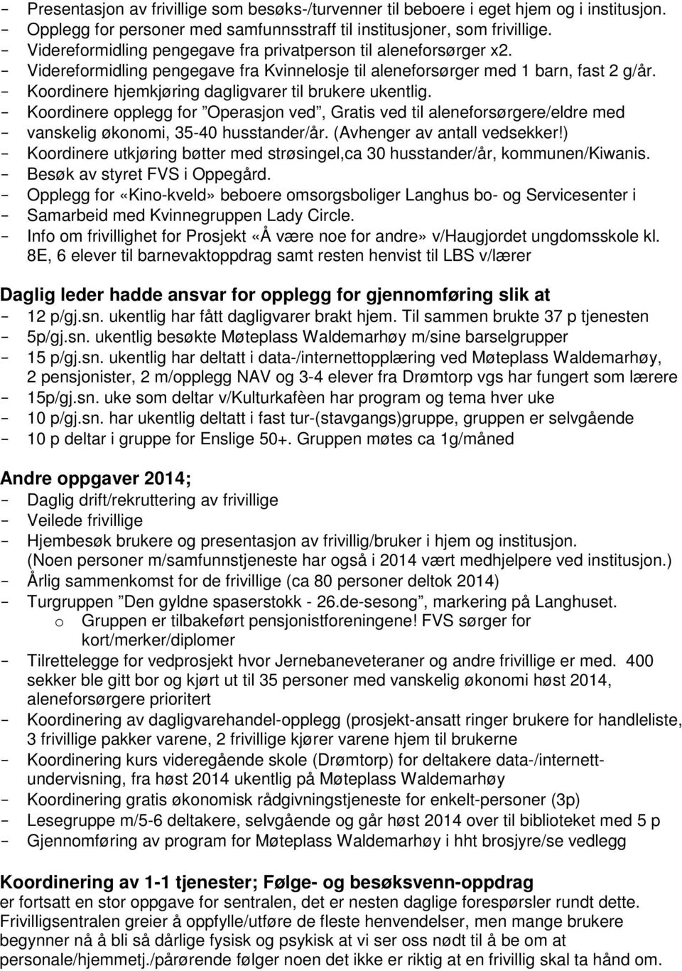 - Koordinere hjemkjøring dagligvarer til brukere ukentlig. - Koordinere opplegg for Operasjon ved, Gratis ved til aleneforsørgere/eldre med - vanskelig økonomi, 35-40 husstander/år.