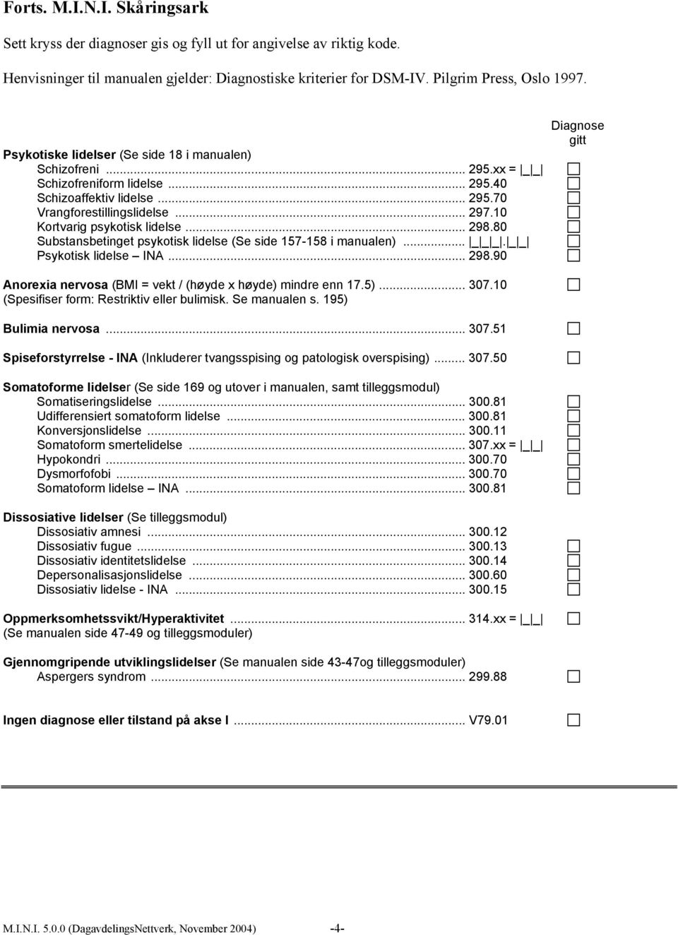 10 Kortvarig psykotisk lidelse... 298.80 Substansbetinget psykotisk lidelse (Se side 157-158 i manualen)... _ _ _. _ _ Psykotisk lidelse INA... 298.90 Diagnose gitt Anorexia nervosa (BMI = vekt / (høyde x høyde) mindre enn 17.