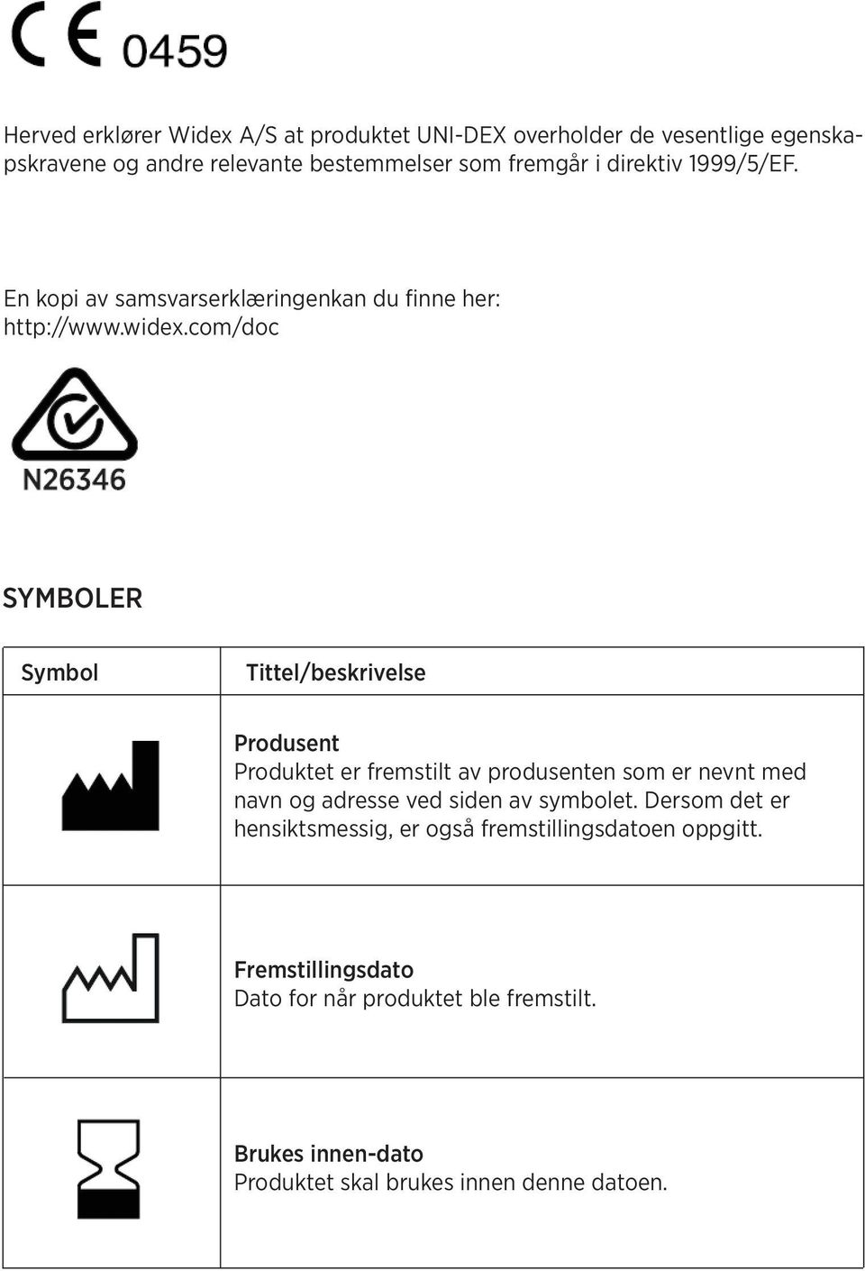 com/doc SYMBOLER Symbol Tittel/beskrivelse Produsent Produktet er fremstilt av produsenten som er nevnt med navn og adresse ved siden av