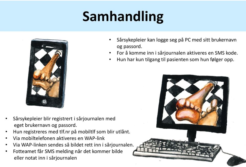 Sårsykepleier blir registrert i sårjournalen med eget brukernavn og passord. Hun registreres med tlf.