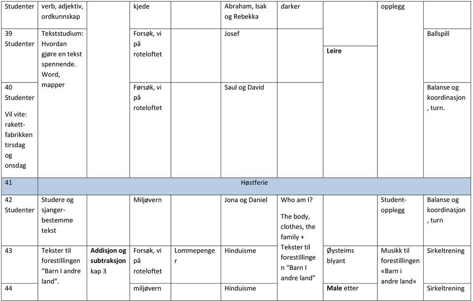 41 Høstferie 42 Studere og sjangerbestemme tekst 43 Tekster til forestillingen Barn I andre land. Addisjon og subtraksjon kap 3 Miljøvern Jona og Daniel Who am I?
