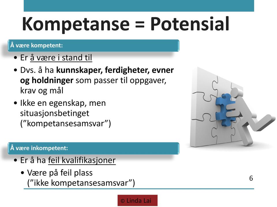 krav og mål Ikke en egenskap, men situasjonsbetinget ( kompetansesamsvar ) Å