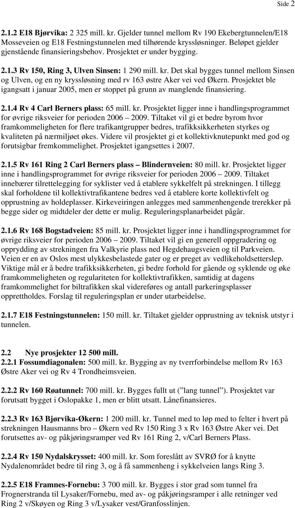 Det skal bygges tunnel mellom Sinsen og Ulven, og en ny kryssløsning med rv 163 østre Aker vei ved Økern. Prosjektet ble igangsatt i januar 2005, men er stoppet på grunn av manglende finansiering. 2.1.4 Rv 4 Carl Berners plass: 65 mill.