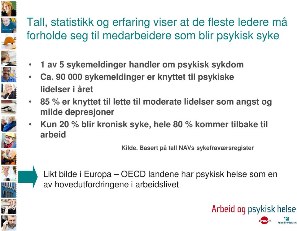 90 000 sykemeldinger er knyttet til psykiske lidelser i året 85 % er knyttet til lette til moderate lidelser som angst og