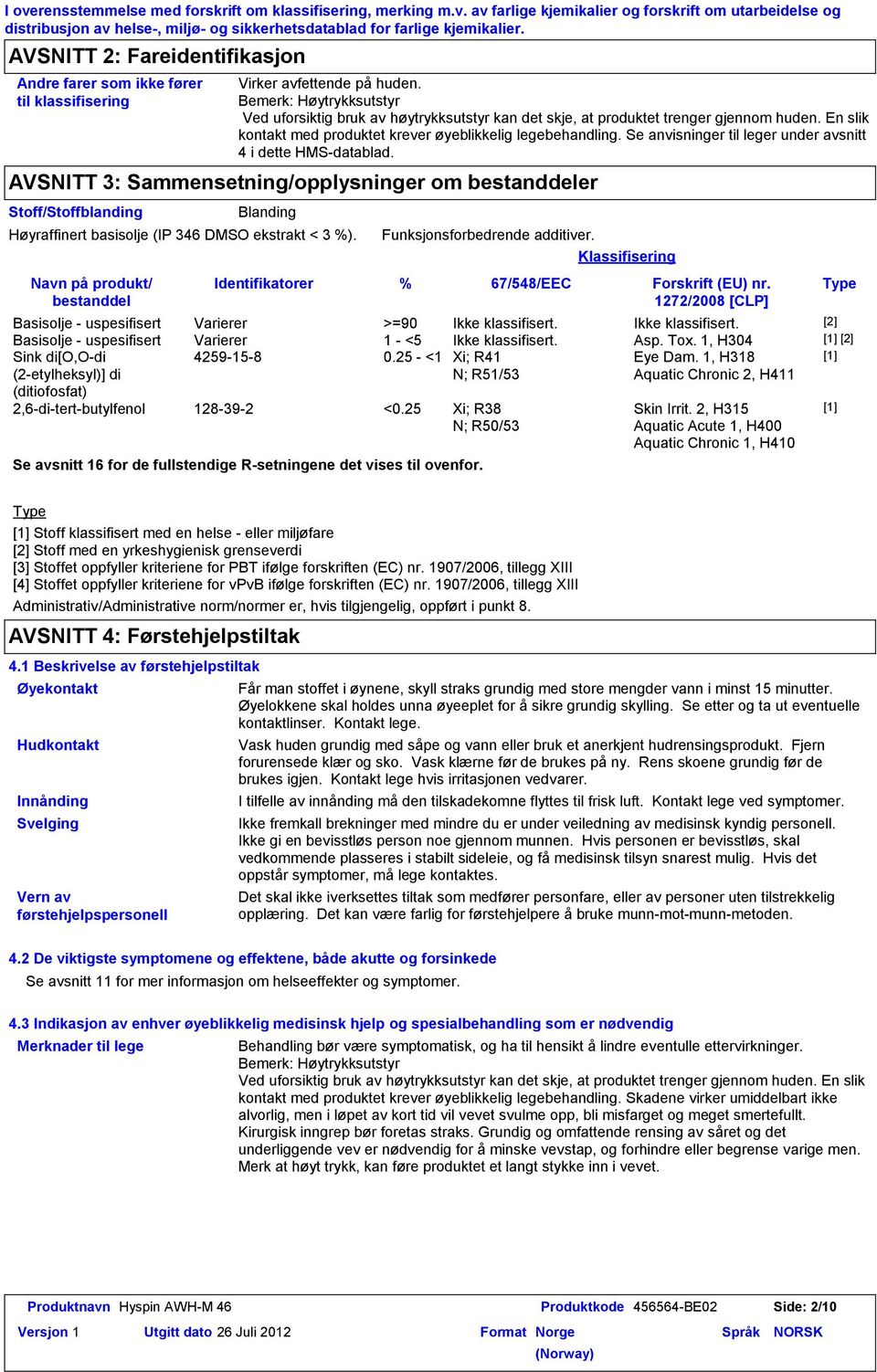 Se anvisninger til leger under avsnitt 4 i dette HMSdatablad. AVSNITT 3: Sammensetning/opplysninger om bestanddeler Blanding Høyraffinert basisolje (IP 346 DMSO ekstrakt < 3 %).