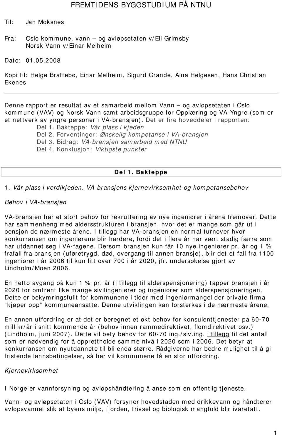 Vann samt arbeidsgruppe for Opplæring og VA-Yngre (som er et nettverk av yngre personer i VA-bransjen). Det er fire hoveddeler i rapporten: Del 1. Bakteppe: Vår plass i kjeden Del 2.