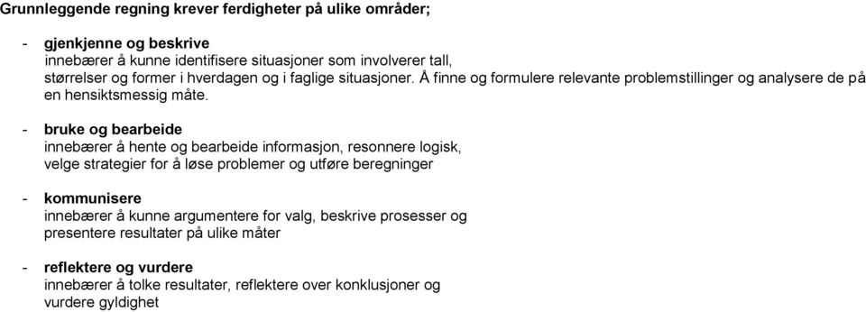 - bruke og bearbeide innebærer å hente og bearbeide informasjon, resonnere logisk, velge strategier for å løse problemer og utføre beregninger - kommunisere