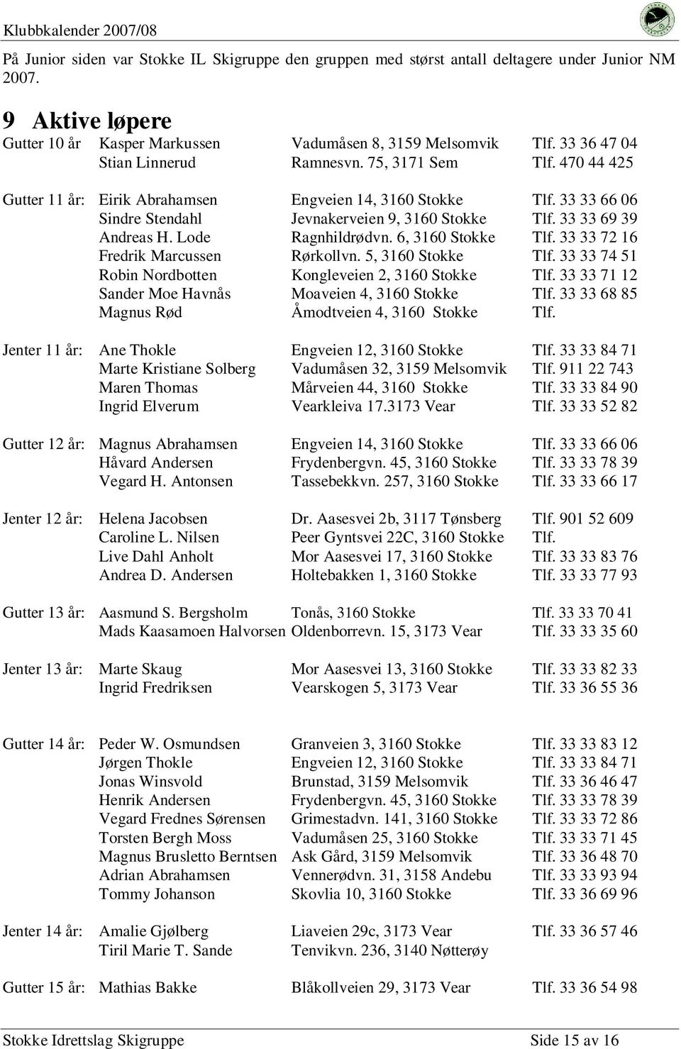 33 33 69 39 Andreas H. Lode Ragnhildrødvn. 6, 3160 Stokke Tlf. 33 33 72 16 Fredrik Marcussen Rørkollvn. 5, 3160 Stokke Tlf. 33 33 74 51 Robin Nordbotten Kongleveien 2, 3160 Stokke Tlf.