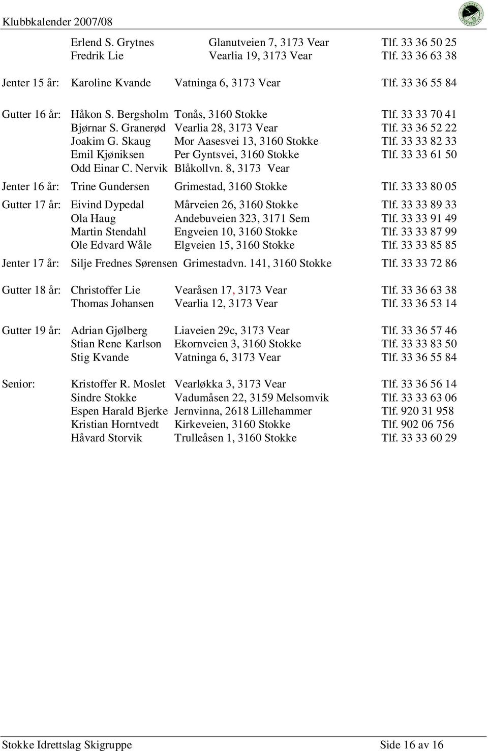 33 33 82 33 Emil Kjøniksen Per Gyntsvei, 3160 Stokke Tlf. 33 33 61 50 Odd Einar C. Nervik Blåkollvn. 8, 3173 Vear Jenter 16 år: Trine Gundersen Grimestad, 3160 Stokke Tlf.