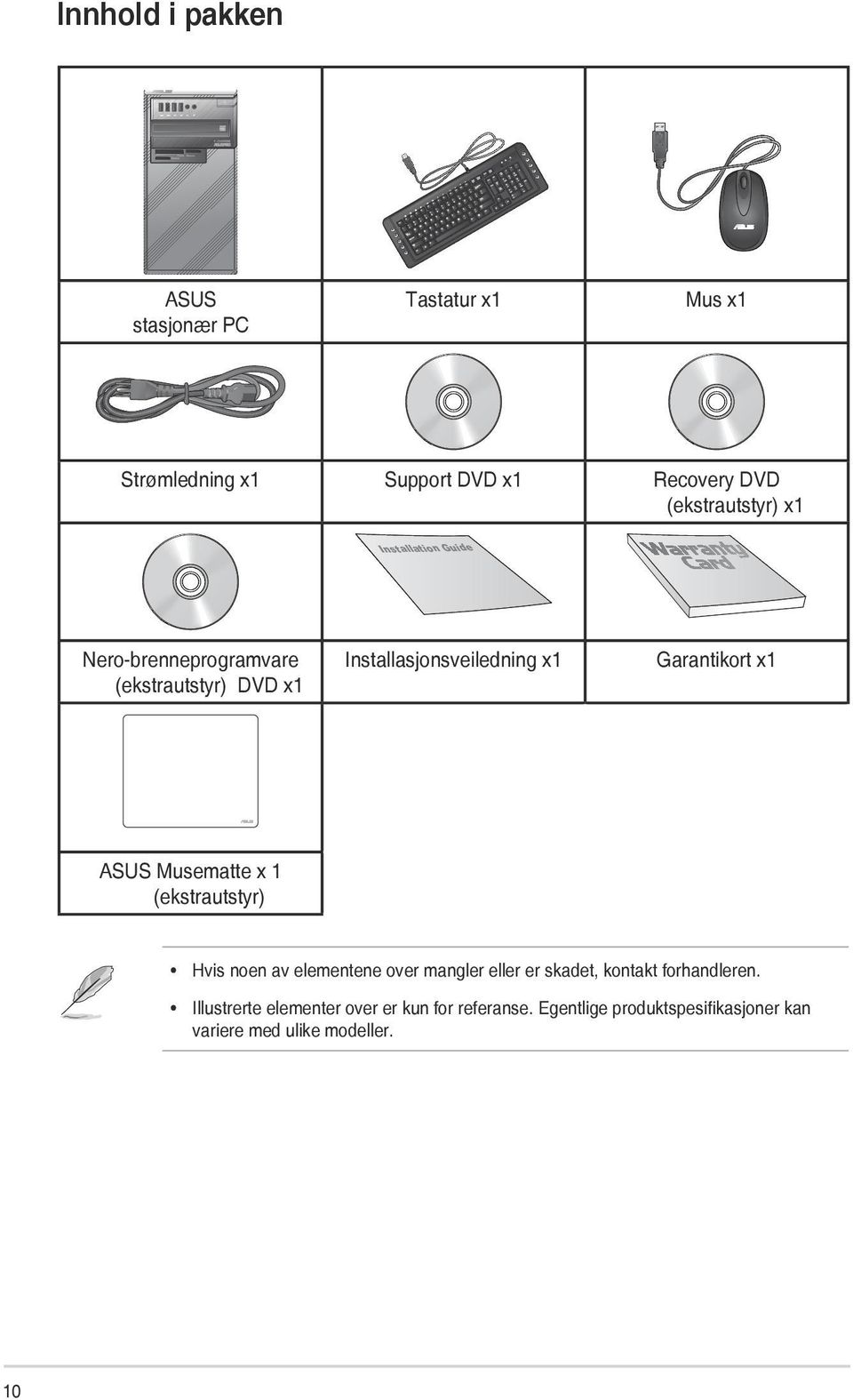 Garantikort x1 ASUS Musematte x 1 (ekstrautstyr) Hvis noen av elementene over mangler eller er skadet, kontakt