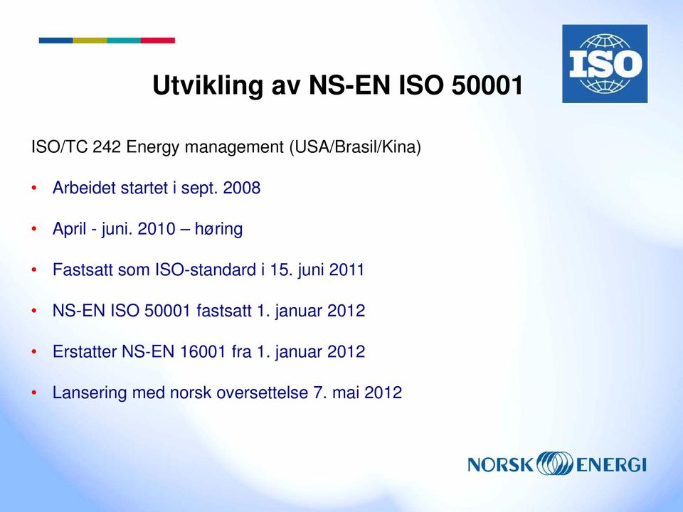 2010 høring Fastsatt som ISO-standard i 15.