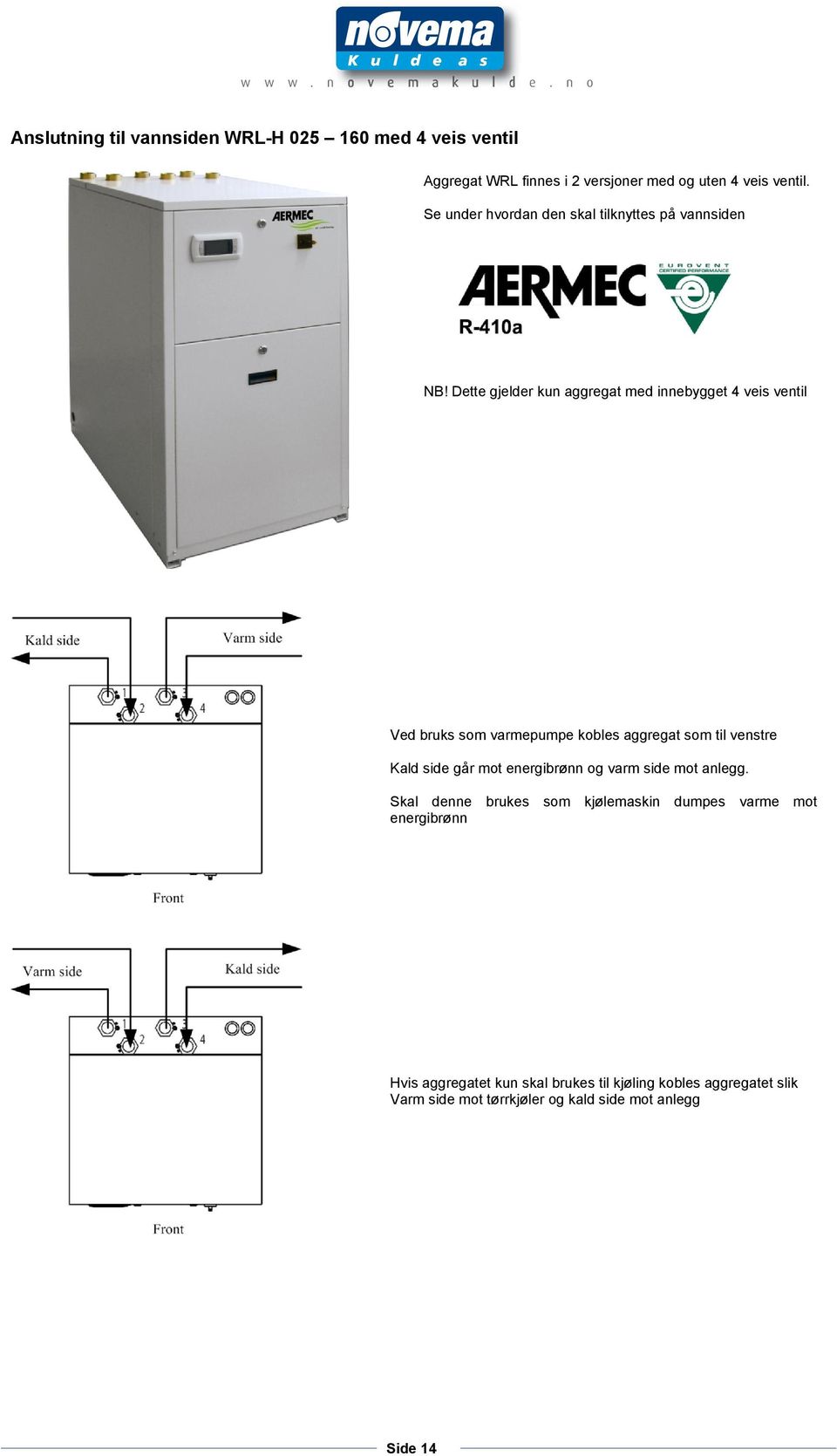 ette gjelder kun aggregat med innebygget 4 veis ventil Ved bruks som varmepumpe kobles aggregat som til venstre Kald side går mot