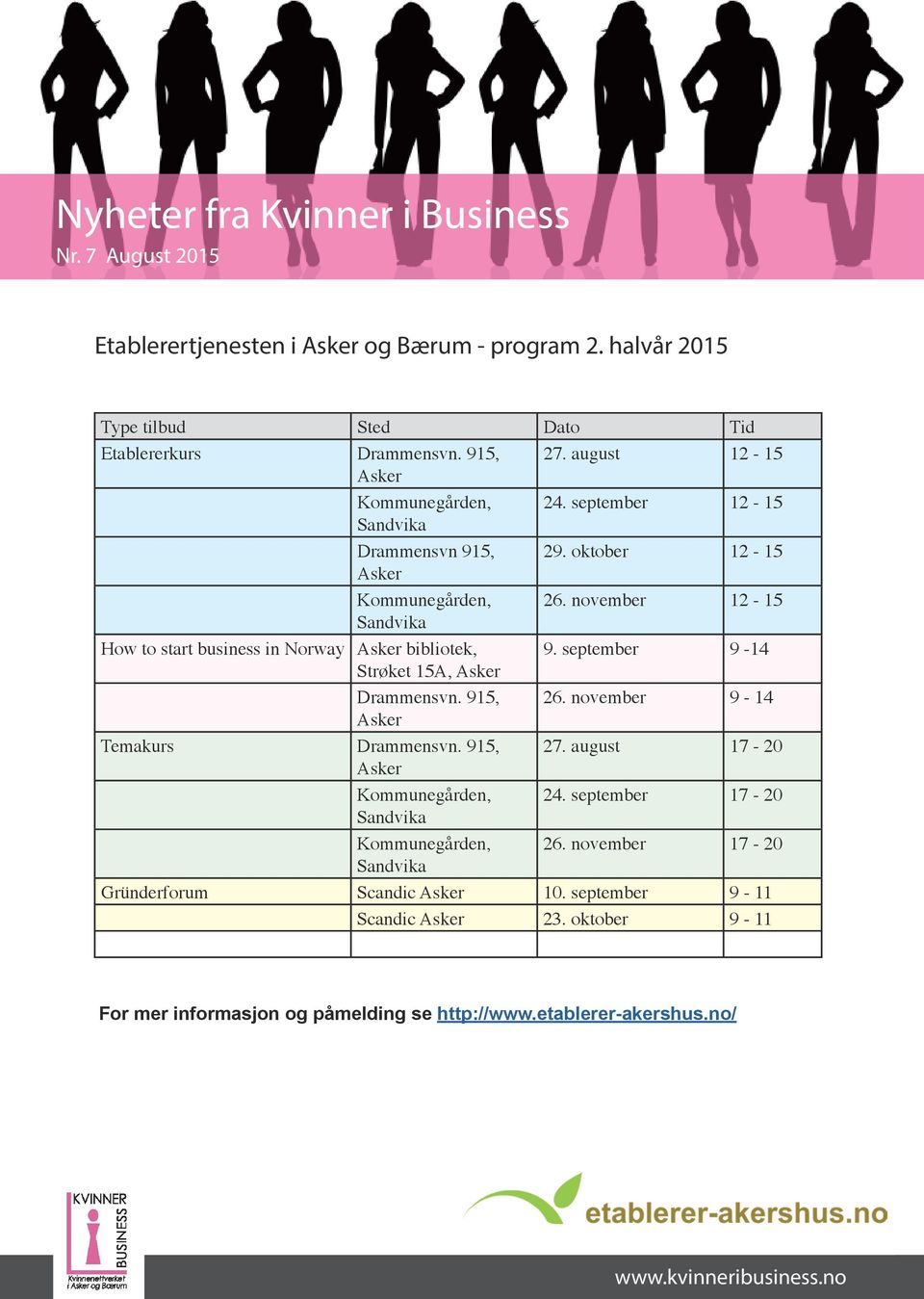 september 9-14 Strøket 15A, Drammensvn. 915, 26. november 9-14 Temakurs Drammensvn. 915, 27. august 17-20 Kommunegården, 24.