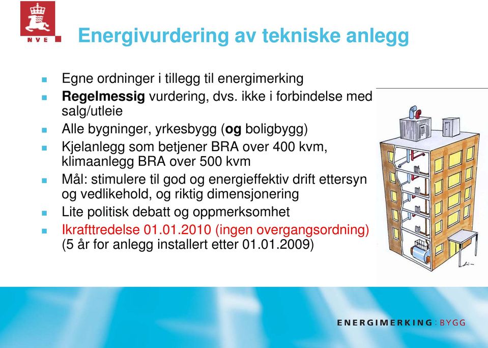 klimaanlegg BRA over 500 kvm Mål: stimulere til god og energieffektiv drift ettersyn og vedlikehold, og riktig