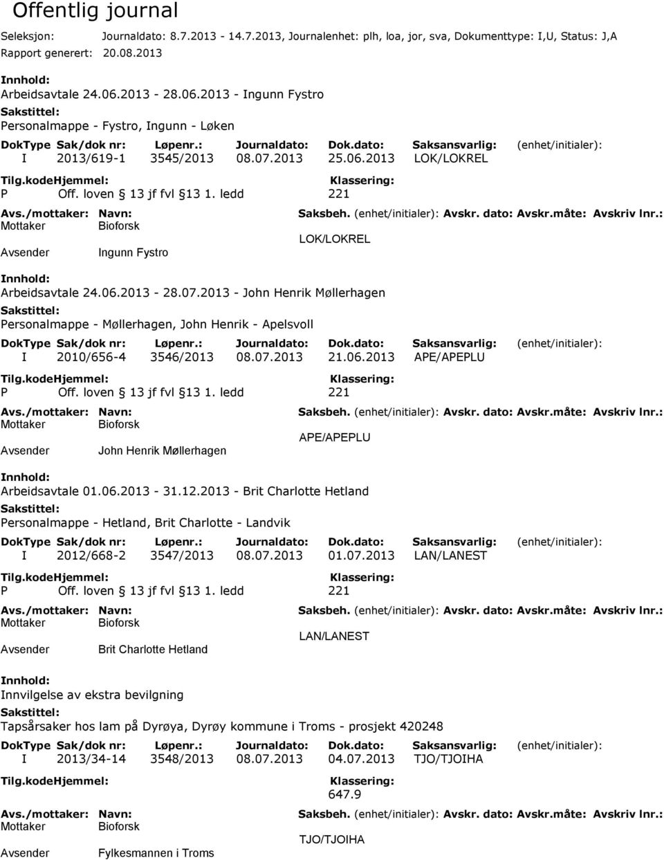 2013 25.06.2013 LOK/LOKREL Ingunn Fystro LOK/LOKREL Arbeidsavtale 24.06.2013-28.07.2013 - John Henrik Møllerhagen Personalmappe - Møllerhagen, John Henrik - Apelsvoll I 2010/656-4 3546/2013 08.07.2013 21.