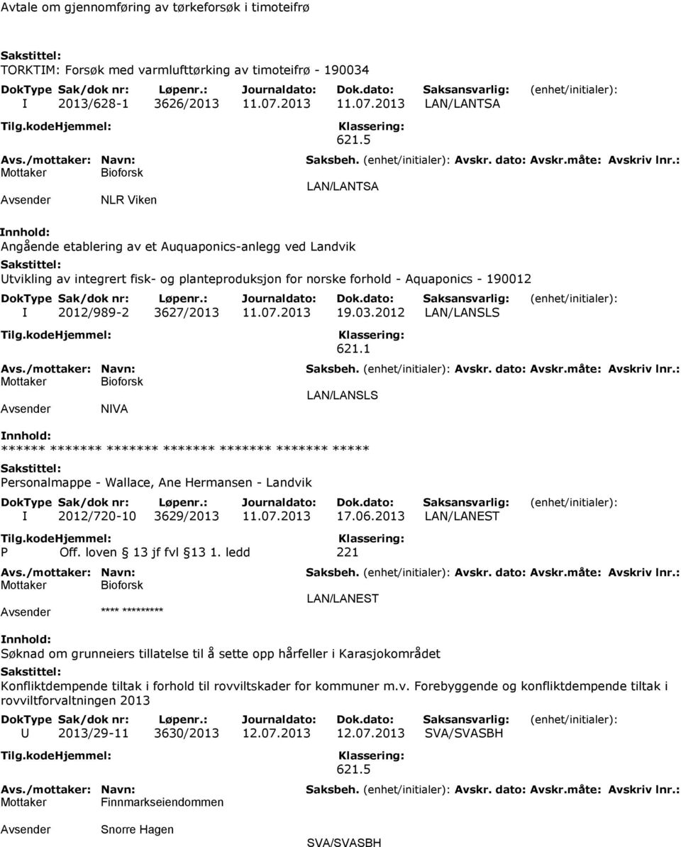 2012 LAN/LANSLS NIVA 621.1 LAN/LANSLS ****** ******* ******* ******* ******* ******* ***** Personalmappe - Wallace, Ane Hermansen - Landvik I 2012/720-10 3629/2013 11.07.2013 17.06.