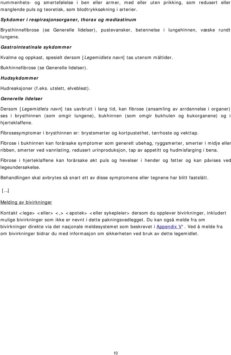 Gastrointestinale sykdommer Kvalme og oppkast, spesielt dersom [Legemidlets navn] tas utenom måltider. Bukhinnefibrose (se Generelle lidelser). Hudsykdommer Hudreaksjoner (f.eks. utslett, elveblest).