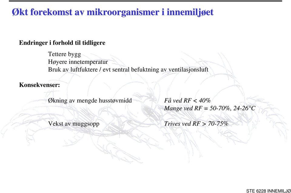 / evt sentral befuktning av ventilasjonsluft Økning av mengde husstøvmidd Få