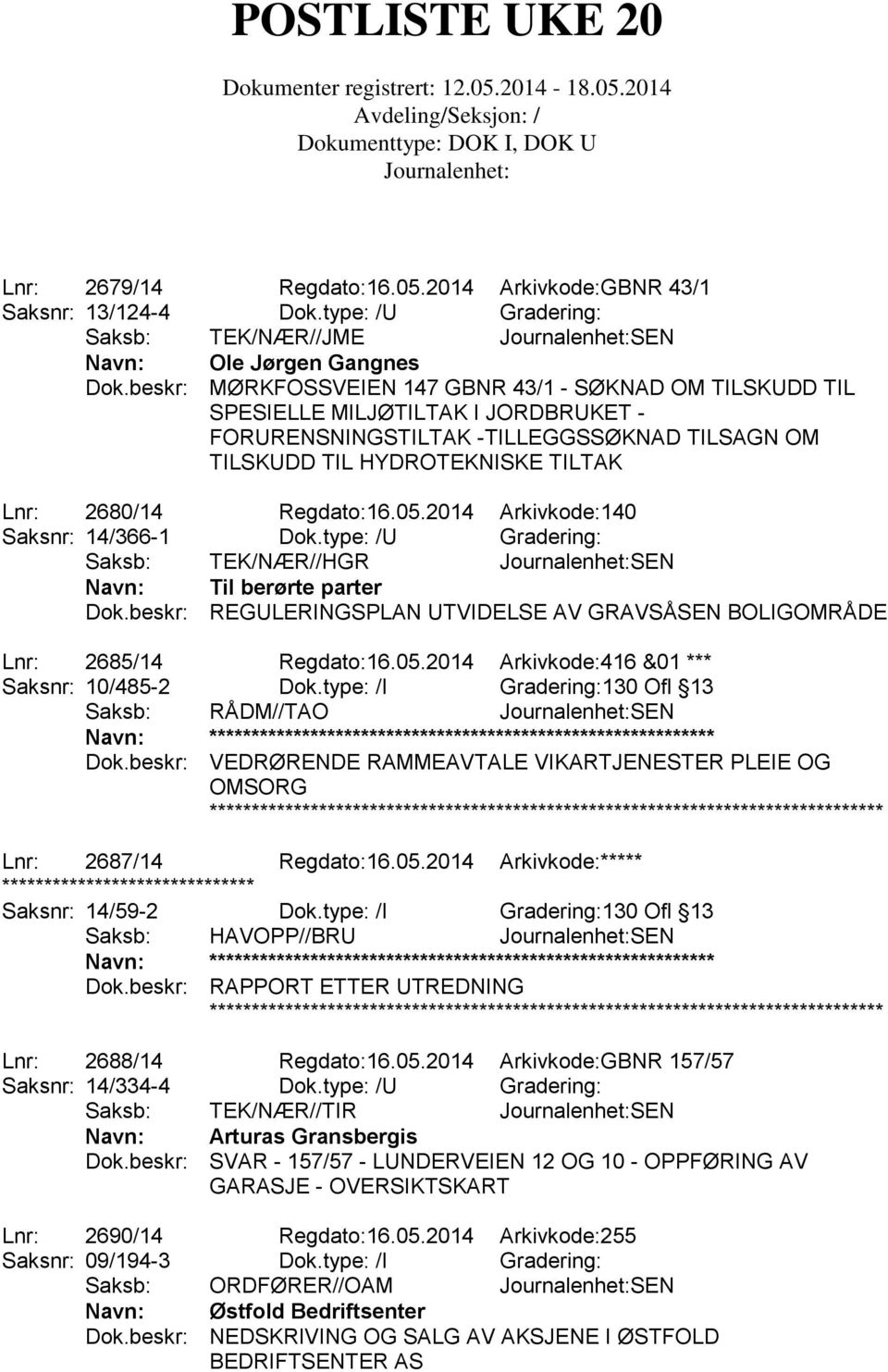 Regdato:16.05.2014 Arkivkode:140 Saksnr: 14/366-1 Dok.type: /U Gradering: Navn: Til berørte parter Dok.beskr: REGULERINGSPLAN UTVIDELSE AV GRAVSÅSEN BOLIGOMRÅDE Lnr: 2685/14 Regdato:16.05.2014 Arkivkode:416 &01 *** Saksnr: 10/485-2 Dok.