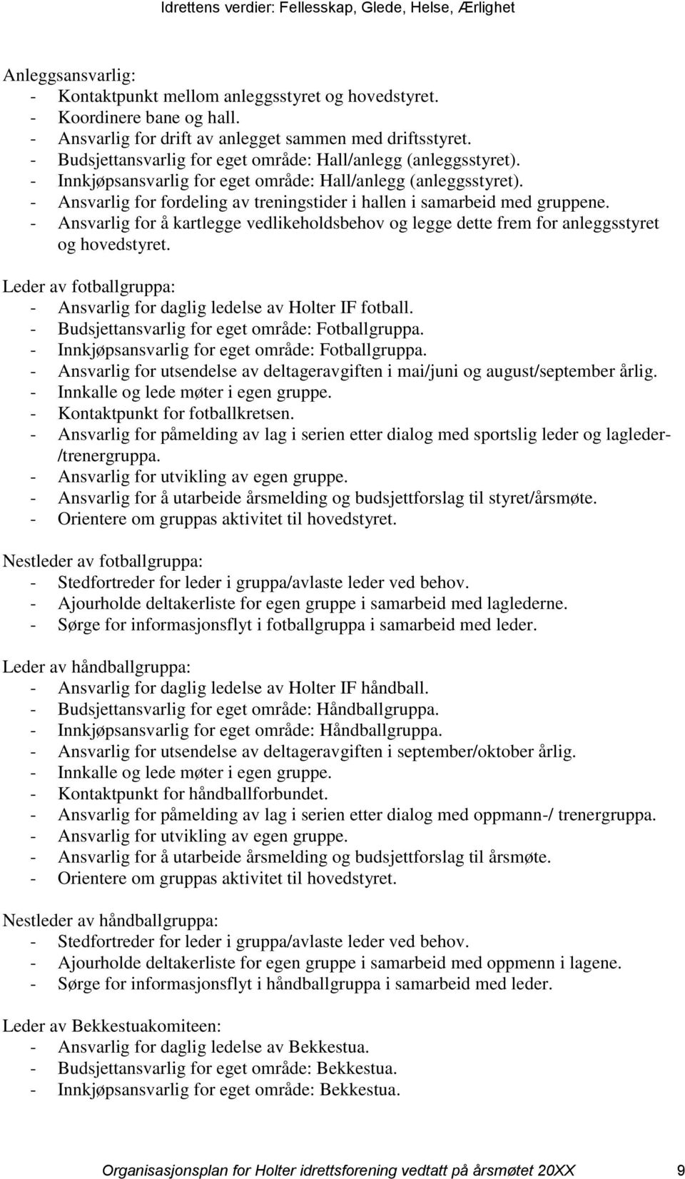 - Ansvarlig for fordeling av treningstider i hallen i samarbeid med gruppene. - Ansvarlig for å kartlegge vedlikeholdsbehov og legge dette frem for anleggsstyret og hovedstyret.