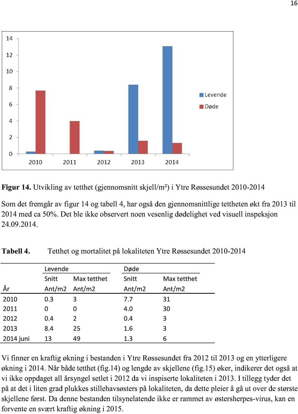 Tetthet og mortalitetpålokalitetenytre Røssesundet 2010-2014 Levende Døde Snitt Max tetthet Snitt Maxtetthet År Ant/m2 Ant/m2 Ant/m2 Ant/m2 2010 0.3 3 7.7 31 2011 0 0 4.0 30 2012 0.4 2 0.4 3 2013 8.