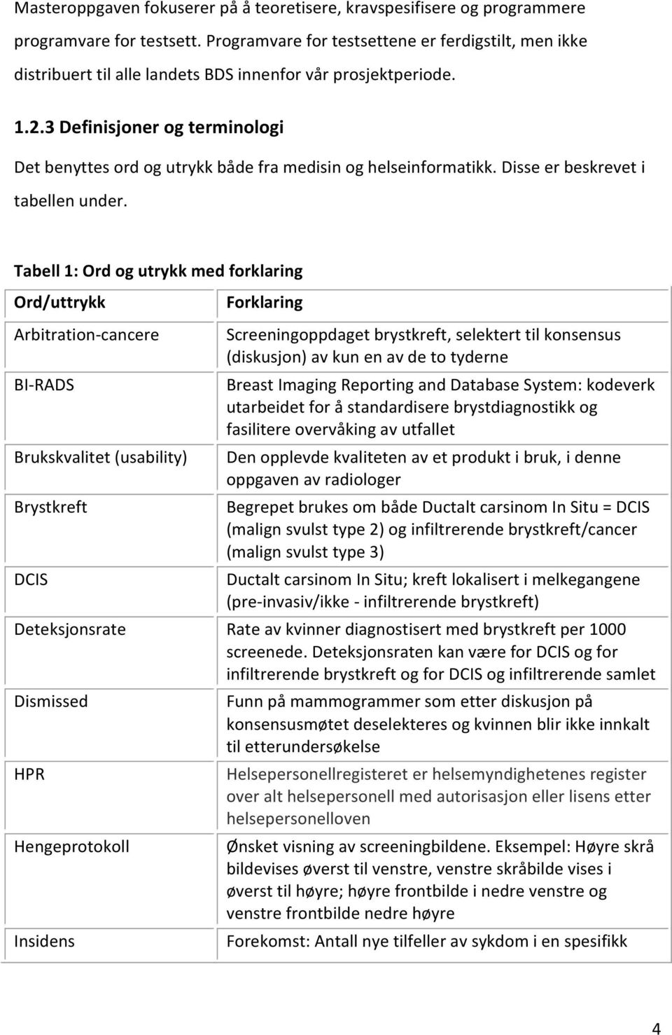 Tabell"1:"Ord"og"utrykk"med"forklaring" Ord/uttrykk" ArbitrationGcancere BIGRADS Brukskvalitet(usability) Brystkreft DCIS Deteksjonsrate Dismissed HPR Hengeprotokoll Insidens Forklaring"