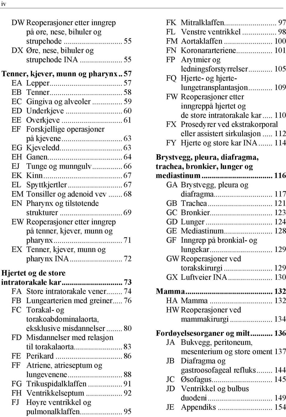 .. 67 EL Spyttkjertler... 67 EM Tonsiller og adenoid vev... 68 EN Pharynx og tilstøtende strukturer... 69 EW Reoperasjoner etter inngrep på tenner, kjever, munn og pharynx.