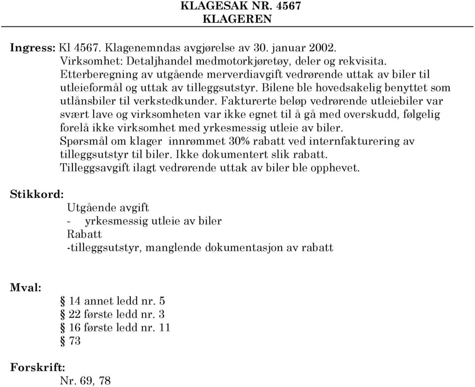 Fakturerte beløp vedrørende utleiebiler var svært lave og virksomheten var ikke egnet til å gå med overskudd, følgelig forelå ikke virksomhet med yrkesmessig utleie av biler.