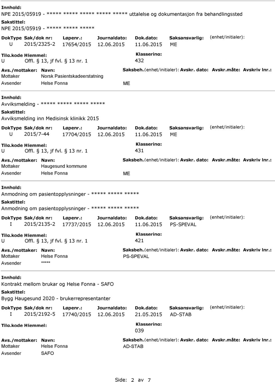 Medisinsk klinikk 2015 2015/7-44 17704/2015 431 Haugesund kommune 2015/2135-2 17737/2015 PS-SPEVAL PS-SPEVAL *****