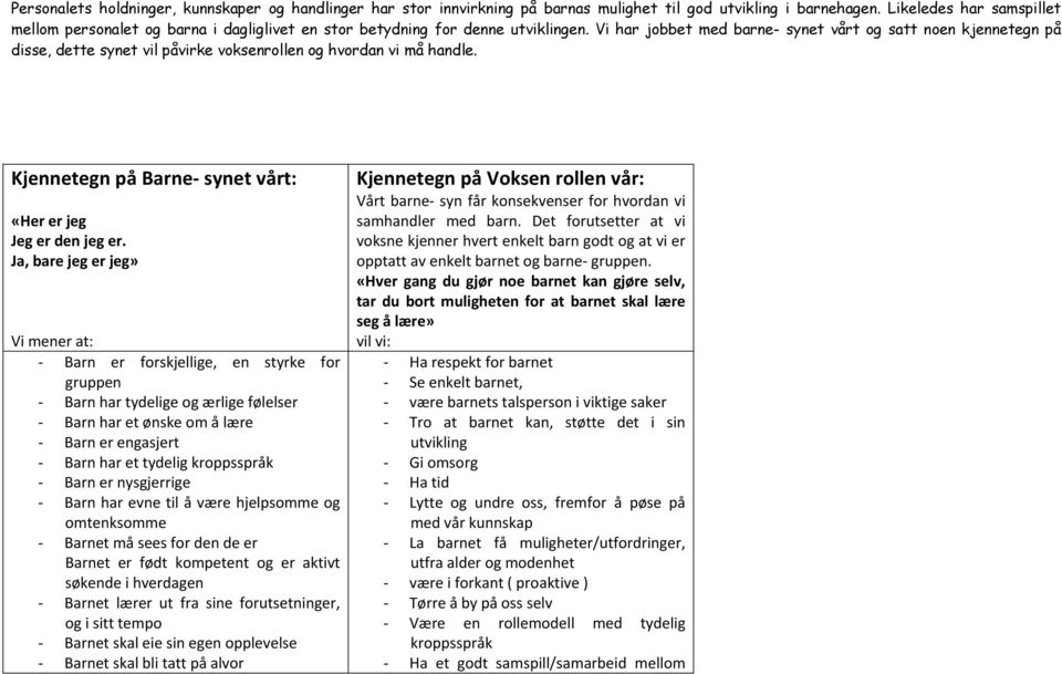 Vi har jobbet med barne- synet vårt og satt noen kjennetegn på disse, dette synet vil påvirke voksenrollen og hvordan vi må handle. Kjennetegn på Barne synet vårt: «Her er jeg Jeg er den jeg er.