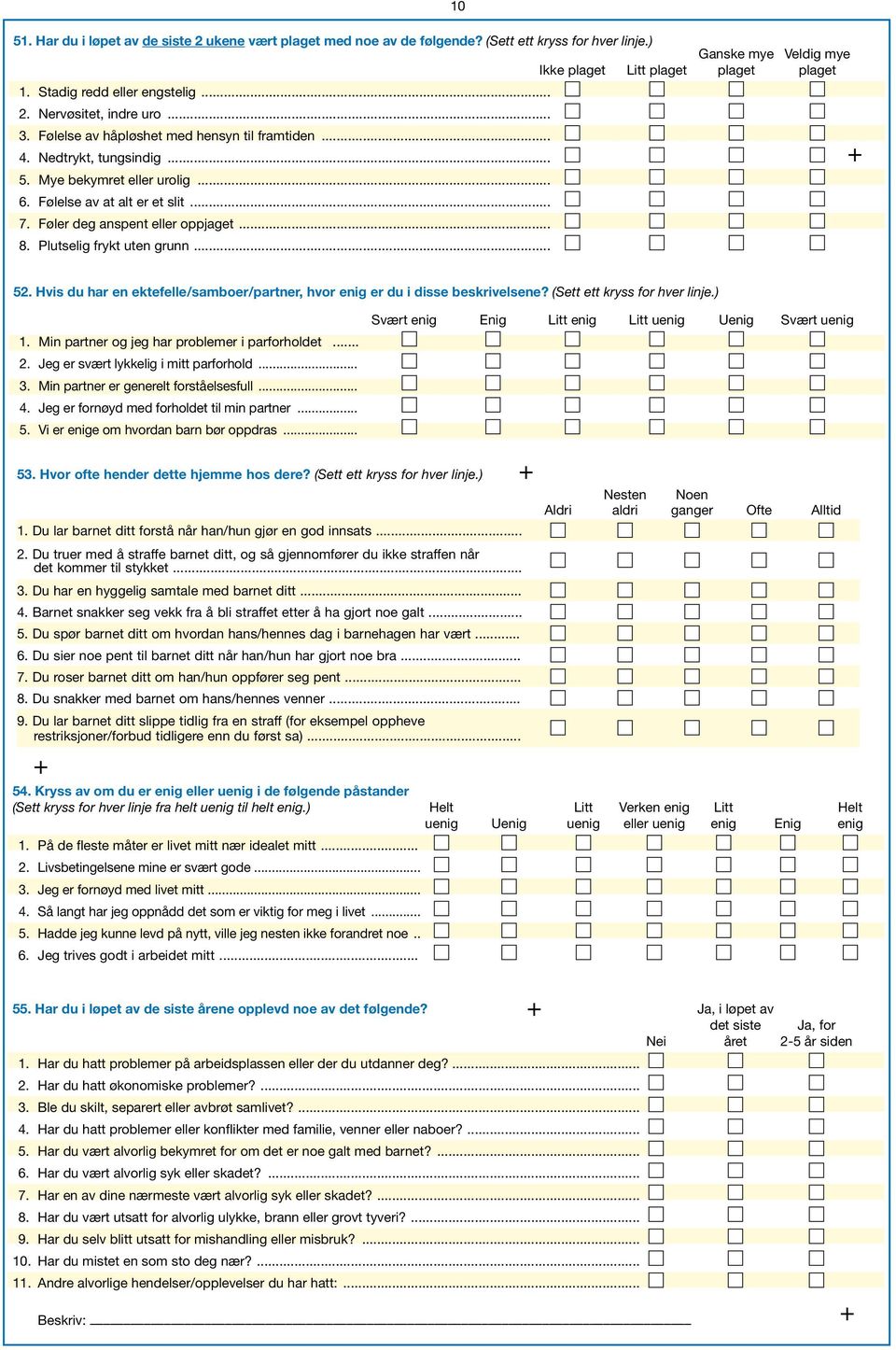 Føler deg anspent eller oppjaget... 8. Plutselig frykt uten grunn... 10 52. Hvis du har en ektefelle/samboer/partner, hvor enig er du i disse beskrivelsene? (Sett ett kryss for hver linje.) 1.