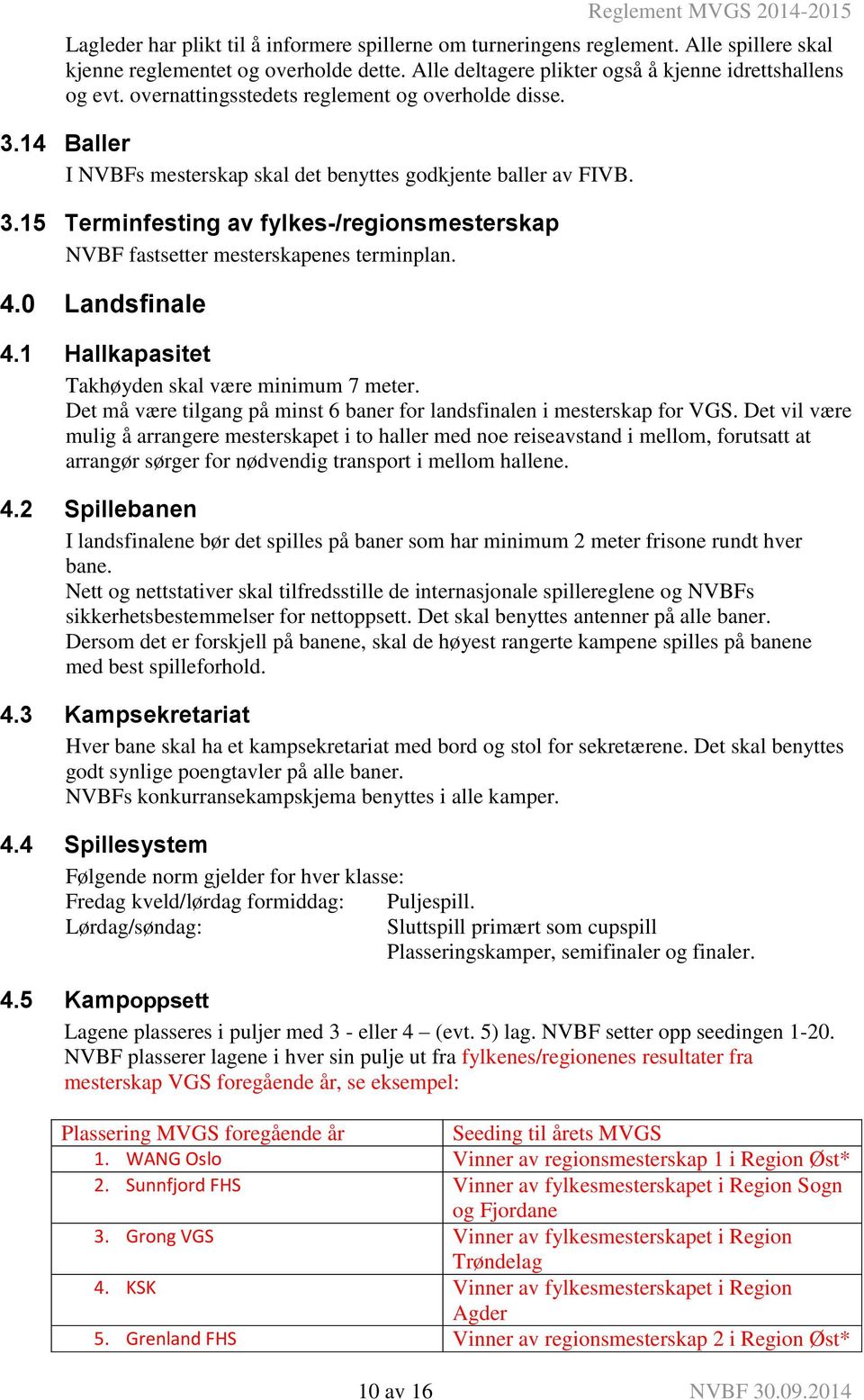 4.0 Landsfinale 4.1 Hallkapasitet Takhøyden skal være minimum 7 meter. Det må være tilgang på minst 6 baner for landsfinalen i mesterskap for VGS.