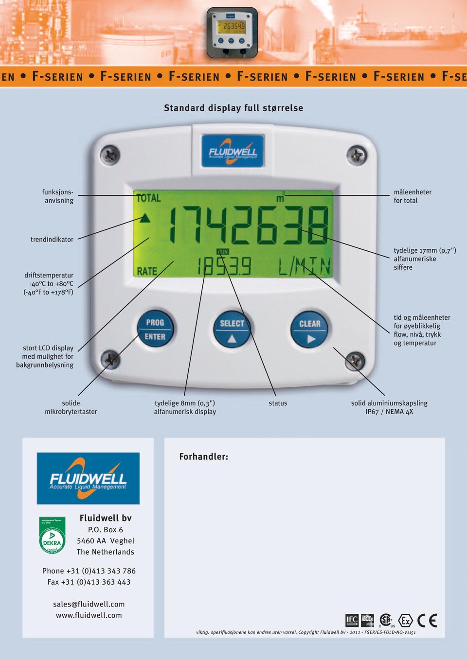 solide mikrobrytertaster tydelige 8mm (0,3") alfanumerisk display status solid aluminiumskapsling IP67 / NEMA 4X Forhandler: Fluidwell bv P.O.