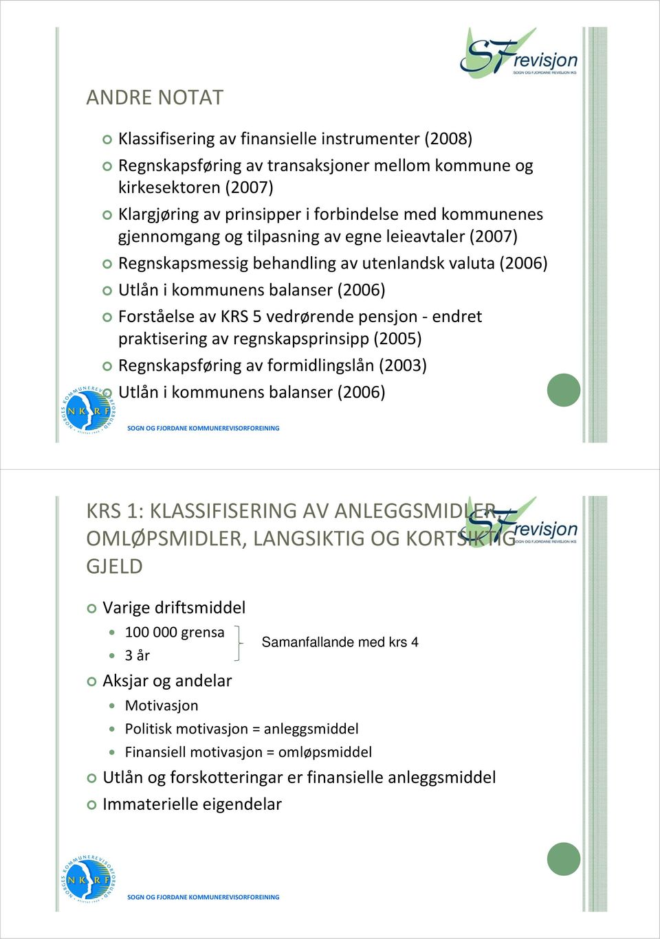 praktisering av regnskapsprinsipp (2005) Regnskapsføring av formidlingslån (2003) Utlån i kommunens balanser (2006) KRS 1: KLASSIFISERING AV ANLEGGSMIDLER, OMLØPSMIDLER, LANGSIKTIG OG KORTSIKTIG