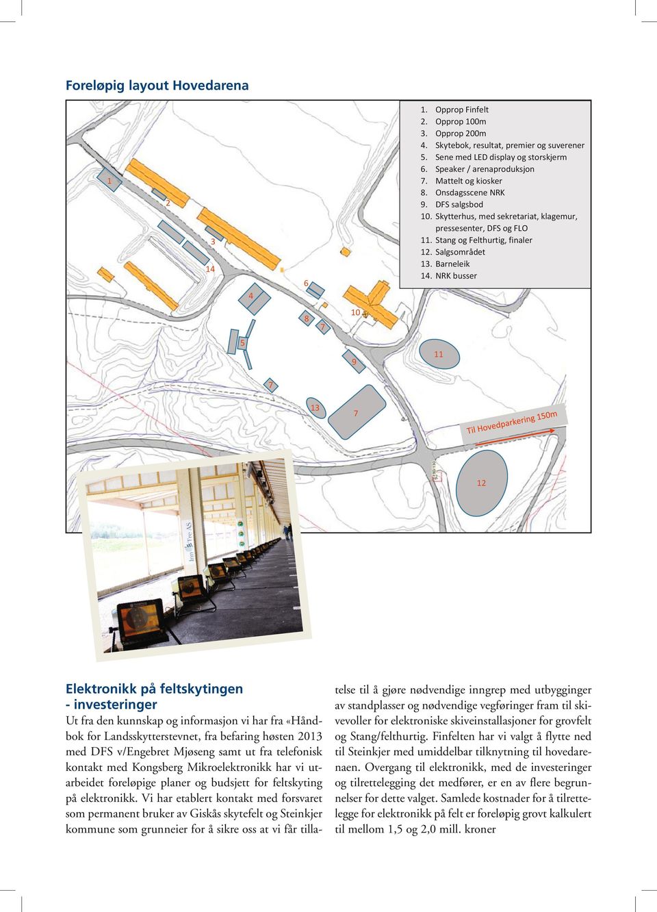Skytterhus, med sekretariat, klagemur, pressesenter, DFS og FLO Stang og Felthurtig, finaler Salgsområdet Barneleik NRK busser 4 10 8 7 5 9 11 7 13 7 12 Elektronikk på feltskytingen - investeringer