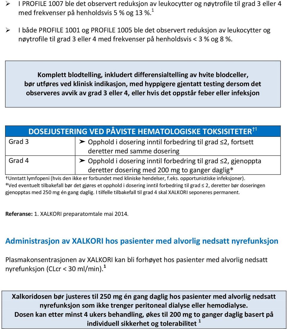 Komplett blodtelling, inkludert differensialtelling av hvite blodceller, bør utføres ved klinisk indikasjon, med hyppigere gjentatt testing dersom det observeres avvik av grad 3 eller 4, eller hvis