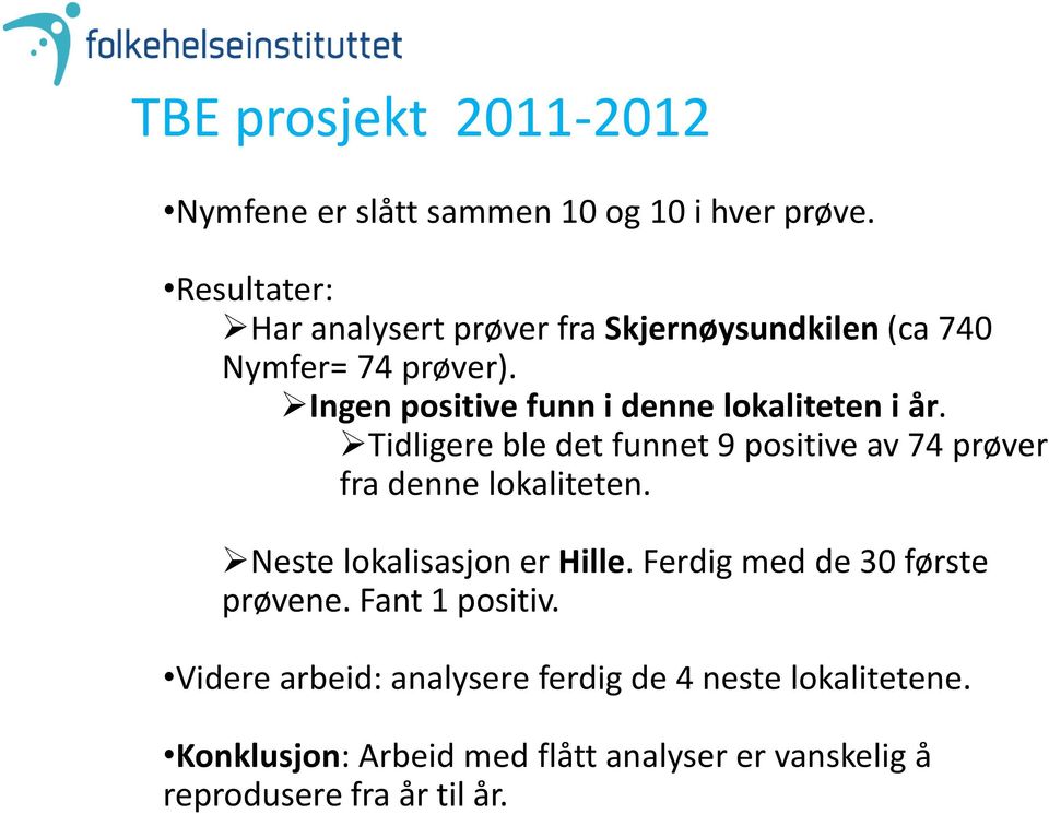 Ingen positive funn i denne lokaliteten i år. Tidligere ble det funnet 9 positive av 74 prøver fra denne lokaliteten.