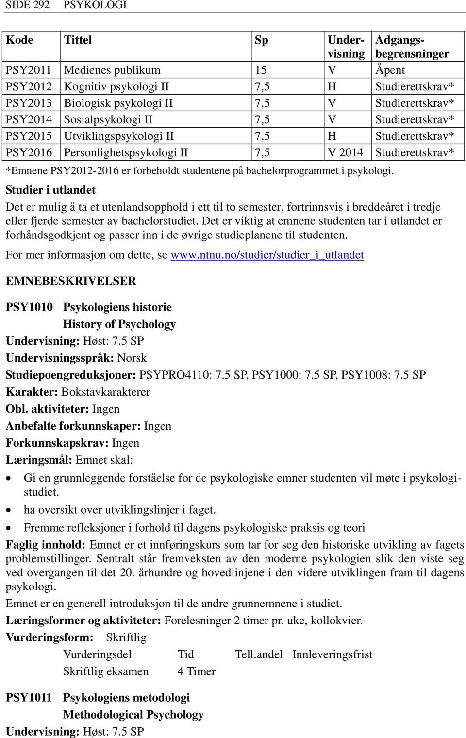 PSY2012-2016 er forbeholdt studentene på bachelorprogrammet i psykologi.