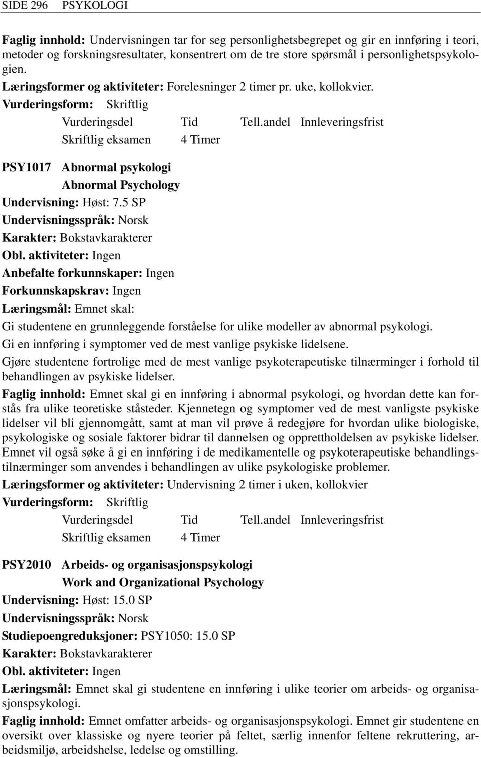 Vurderingsform: Skriftlig Skriftlig eksamen 4 Timer PSY1017 Abnormal psykologi Abnormal Psychology Undervisning: Høst: 7.