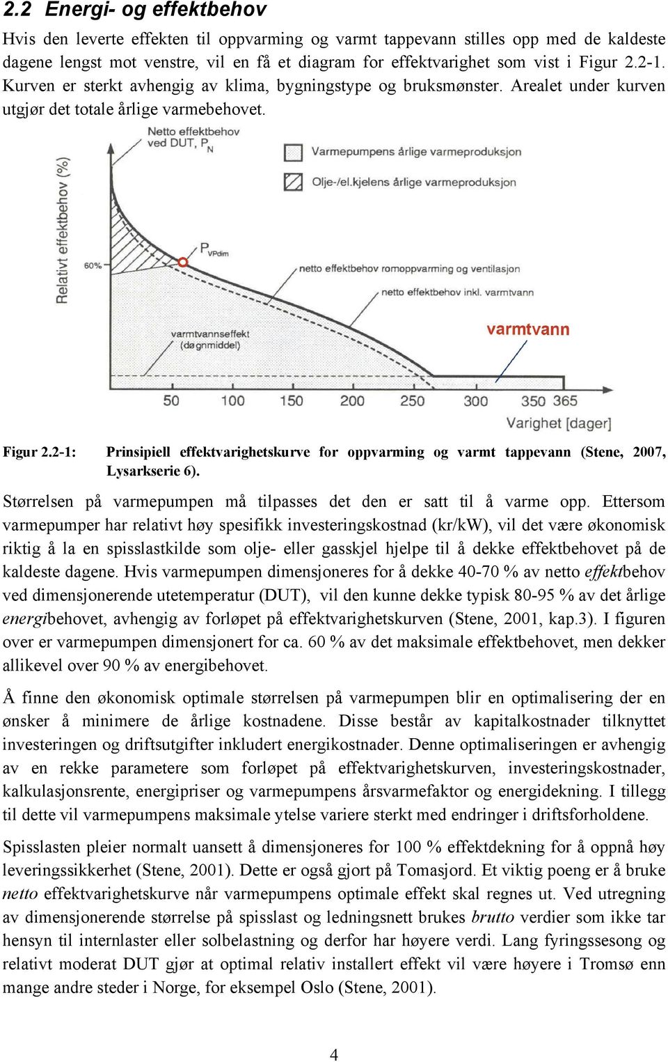 2-1: Prinsipiell effektvarighetskurve for oppvarming og varmt tappevann (Stene, 2007, Lysarkserie 6). Størrelsen på varmepumpen må tilpasses det den er satt til å varme opp.