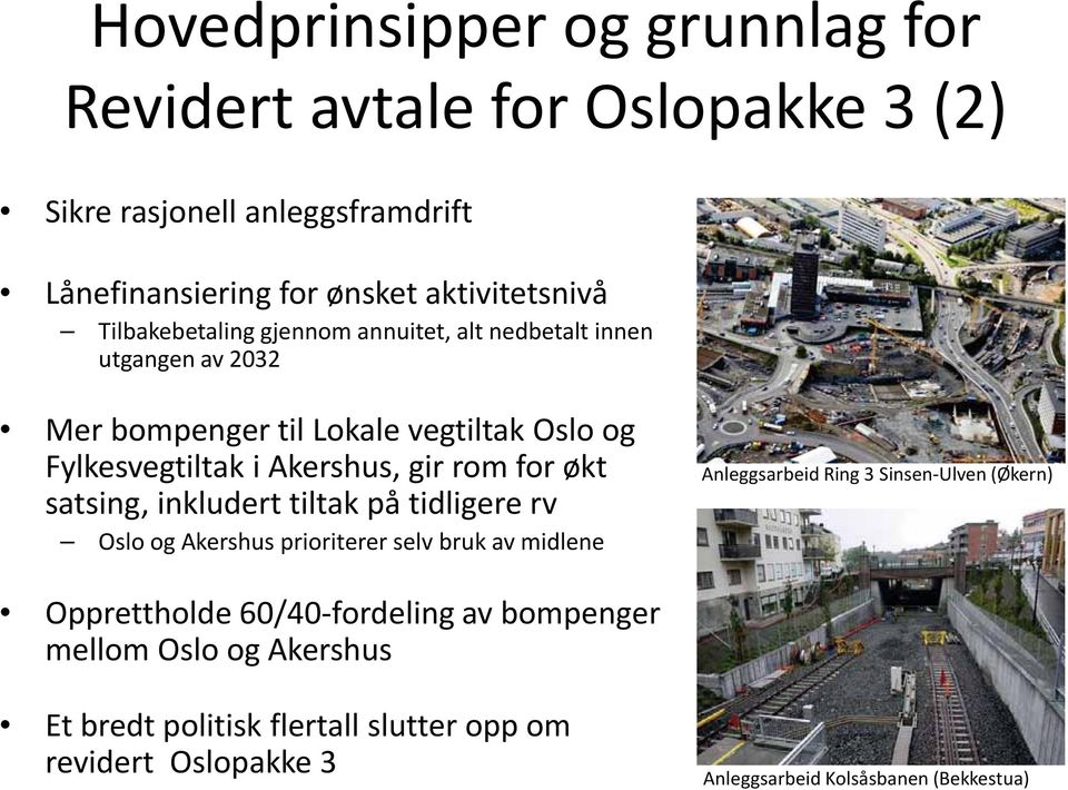 for økt satsing, inkludert tiltak på tidligere rv Oslo og Akershus prioriterer selv bruk av midlene Anleggsarbeid Ring 3 Sinsen-Ulven (Økern)