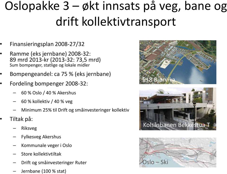 / 40 % Akershus 60 % kollektiv / 40 % veg Minimum 25% til Drift og småinvesteringer kollektiv Tiltak på: Riksveg Fylkesveg Akershus