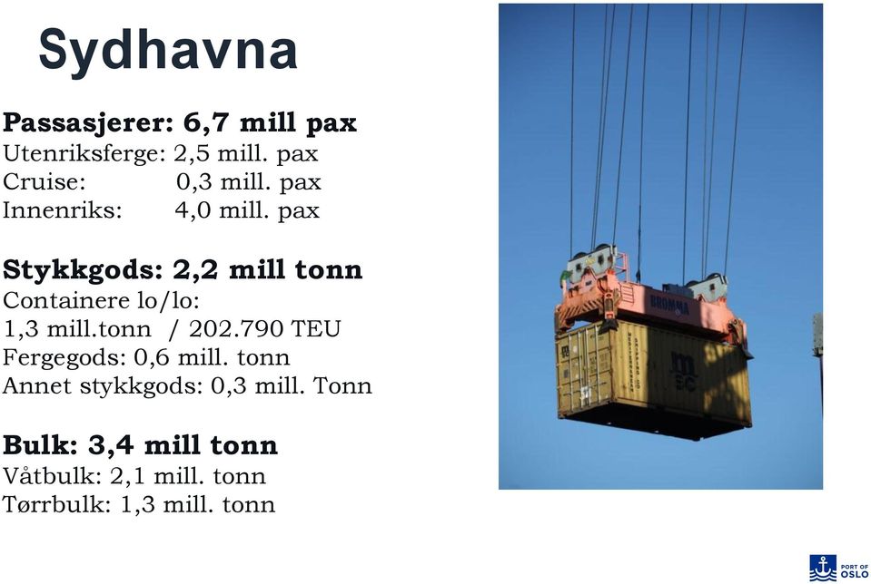 pax Stykkgods: 2,2 mill tonn Containere lo/lo: 1,3 mill.tonn / 202.