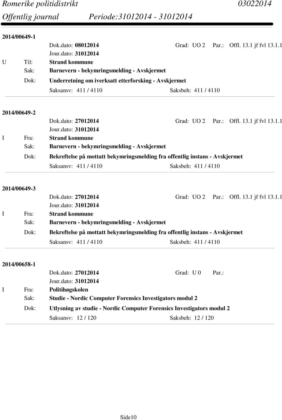 dato: 27012014 Grad: UO 2 Par.: Offl. 13.1 jf fvl 13.1.1 I Fra: Strand kommune Bekreftelse på mottatt bekymringsmelding fra offentlig instans - Avskjermet Saksansv: 411 / 4110 Saksbeh: 411 / 4110 2014/00658-1 Dok.