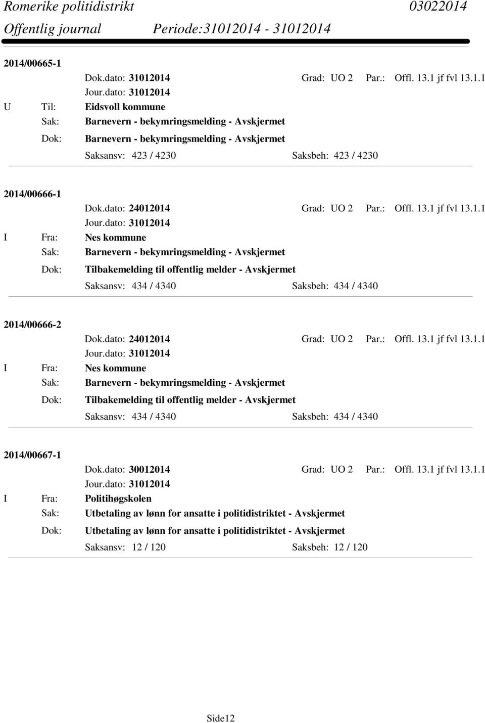 dato: 24012014 Grad: UO 2 Par.: Offl. 13.1 jf fvl 13.1.1 I Fra: Nes kommune Tilbakemelding til offentlig melder - Avskjermet Saksansv: 434 / 4340 Saksbeh: 434 / 4340 2014/00667-1 Dok.