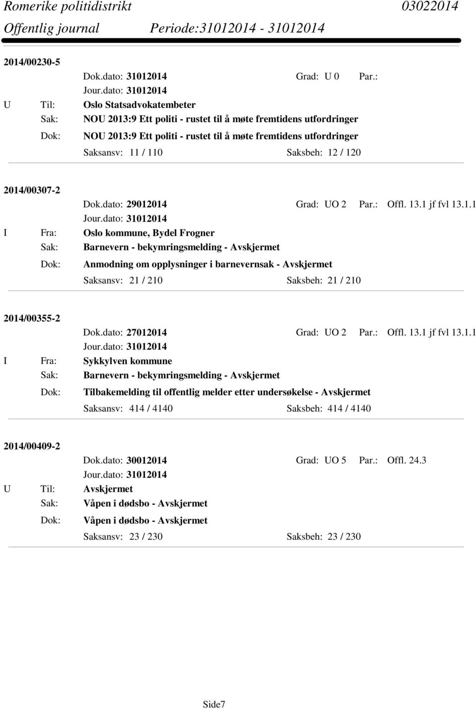 dato: 27012014 Grad: UO 2 Par.: Offl. 13.1 jf fvl 13.1.1 I Fra: Sykkylven kommune Tilbakemelding til offentlig melder etter undersøkelse - Avskjermet Saksansv: 414 / 4140 Saksbeh: 414 / 4140 2014/00409-2 Dok.